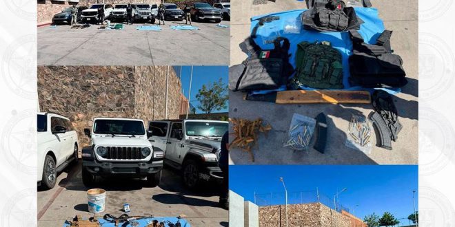 Aseguran Guardia Nacional, DEFENSA, SSPC, PESP y FGJES armas, cartuchos, vehículos y droga durante cateo en Nogales